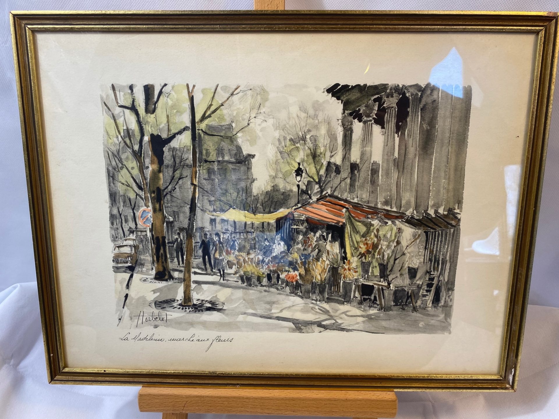 Aquarelle sur papier La Madeleine, marché aux fleurs par Franz Herbelot